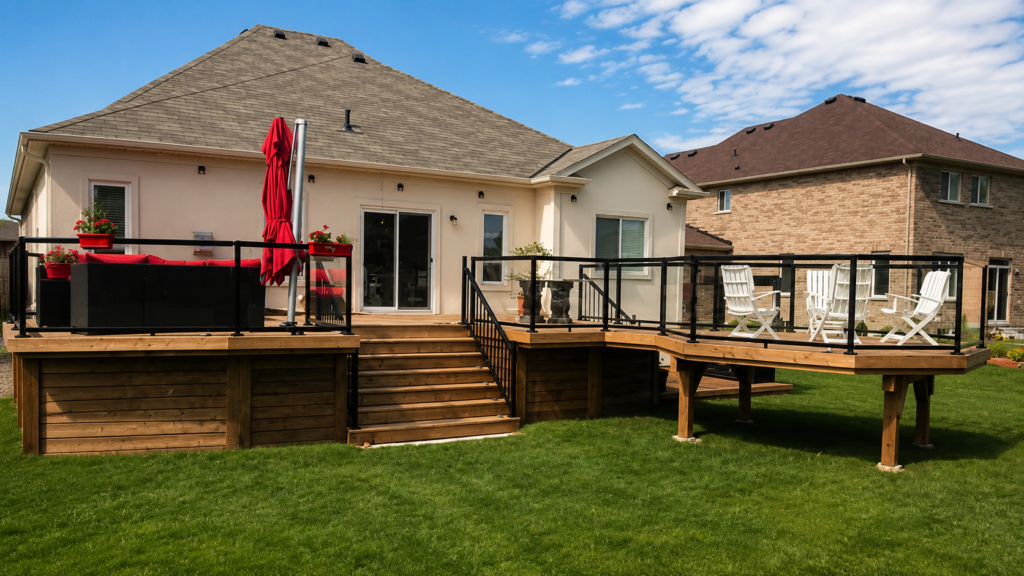 Custom elevated wood deck with black aluminum railings built by Phoenix Decks & Contracting for a residential home in Wasaga Beach, Ontario.
